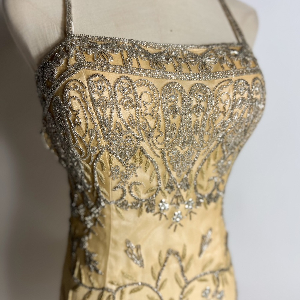 VINTAGE 90s/Y2K Beaded Silk Open Back Ombré Gold Silver Formal Prom Dress Small - Picture 2 of 8